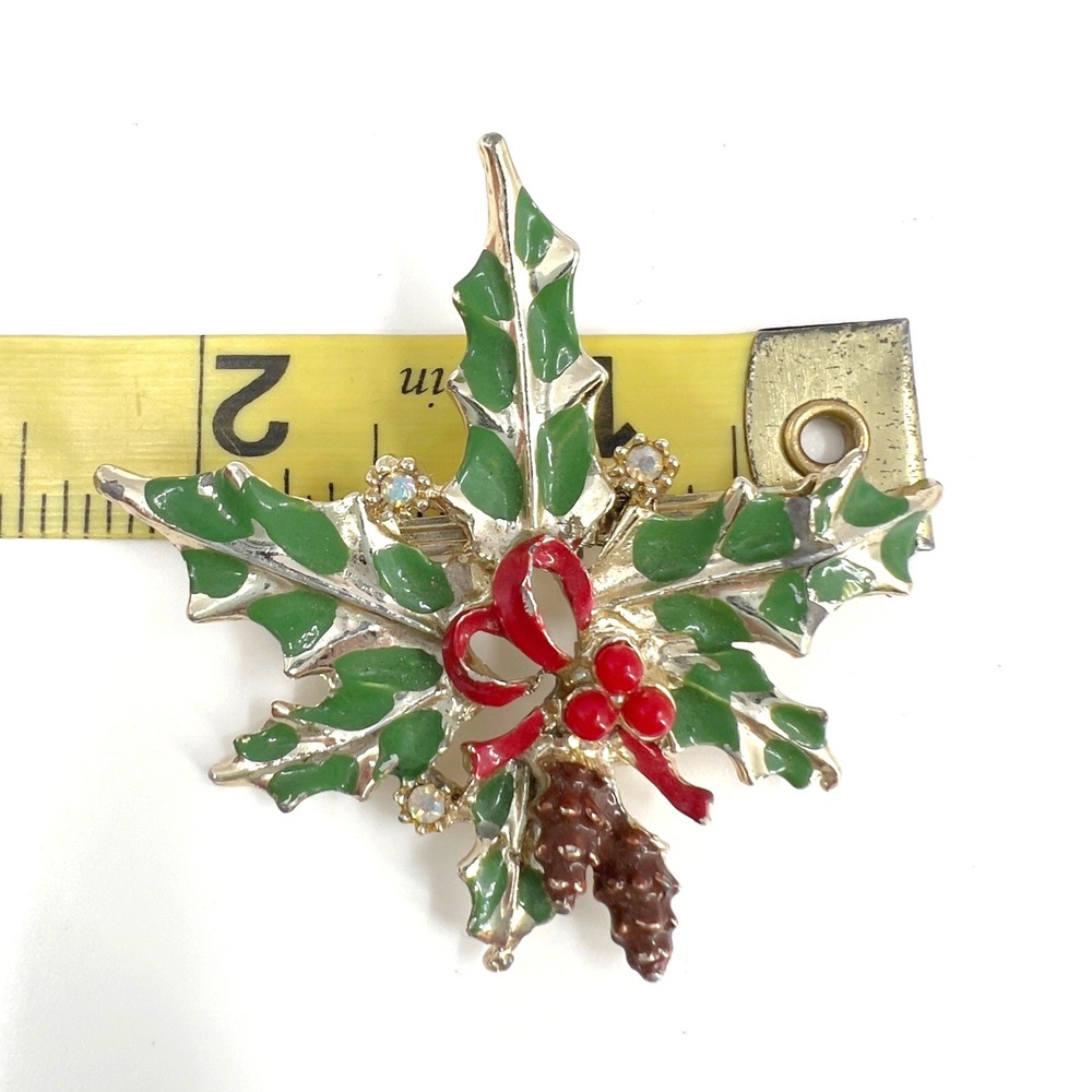 Vintage‎ Christmas Holly Pinecone Enamel Brooch Gold Red Green AB Pin - Picture 5 of 6